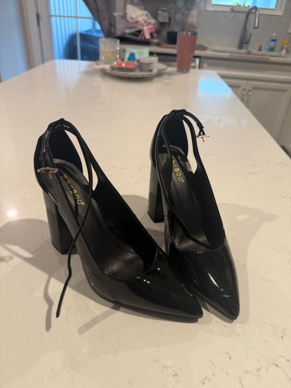 BAMBOO Black Patent Pointed Toe Block Heel Pumps with Ankle Tie Strap